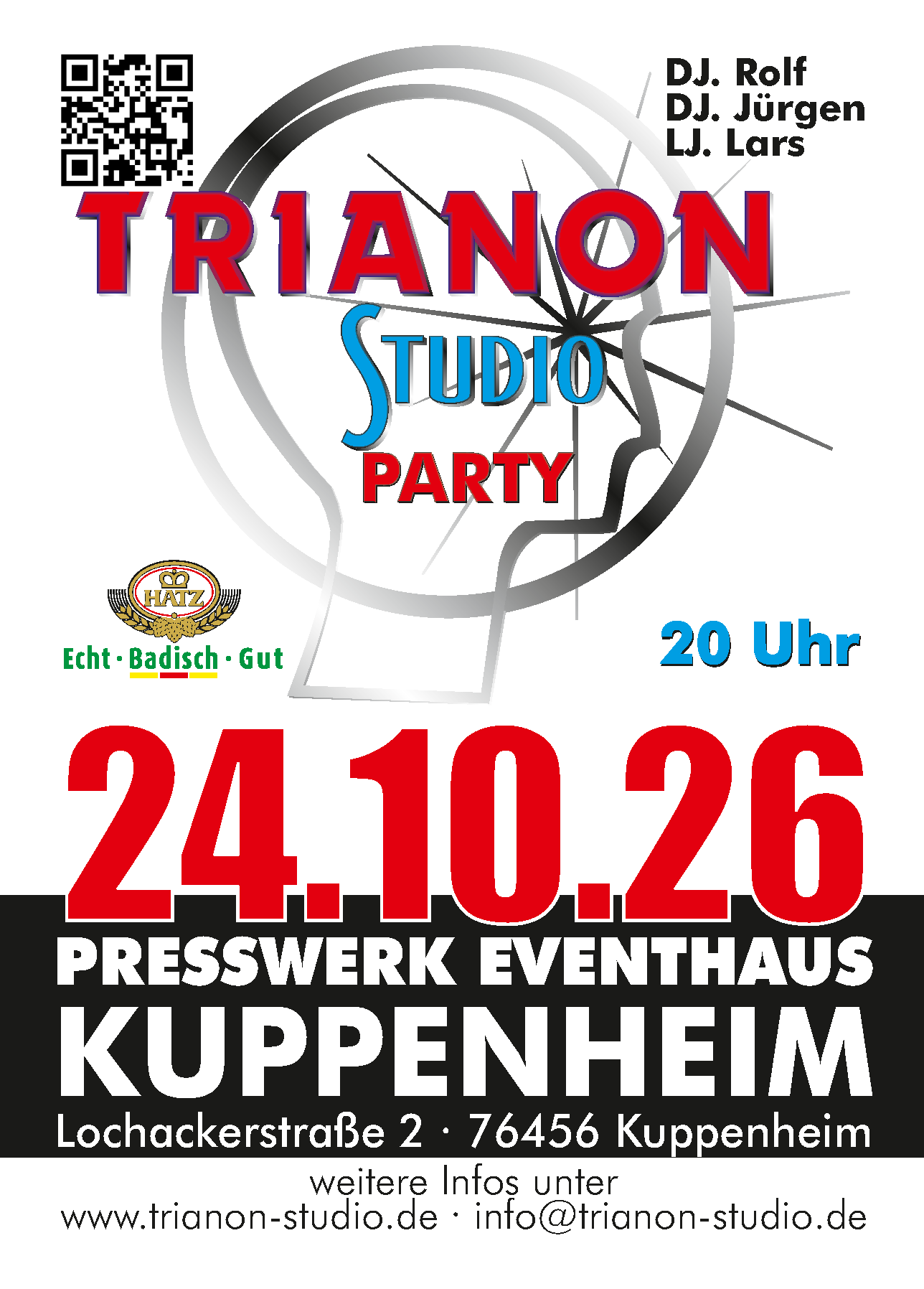 Flyer der Trianon Studio Party am 24. Oktober 2026 im Presswerk Eventhaus Kuppenheim